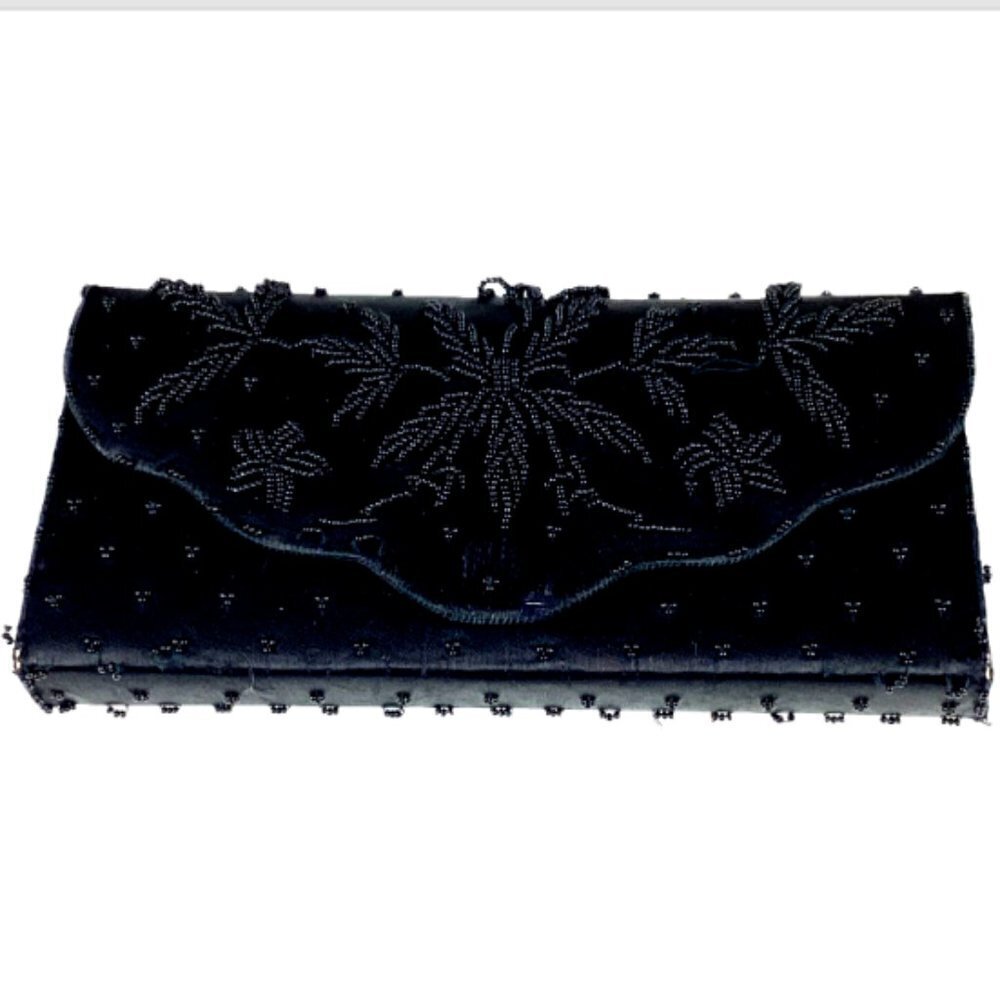 Vintage Black Beaded Clutch Purse Scalloped Edge Front Flap‎ 248H
